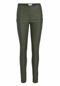 Olivengrønne leggings i faux læder med slim fit, der har en glat tekstur og subtile syninger langs siderne og taljen.