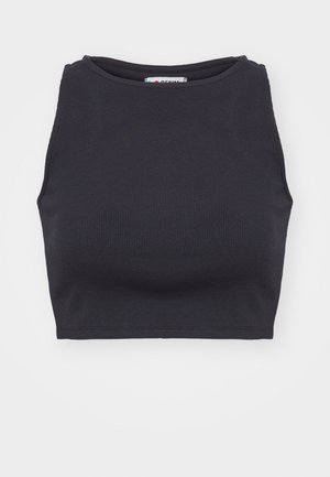 Musthave mustriline kaelus ja ilma varrukat must ribastatud lühiülikond. Sujuv tekstuur, vormikohane kuju ja minimalistlik stiil.