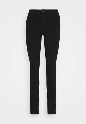 Musta, korkeavyötäröiset skinny-farkut, joissa on etunappi ja taskut, esillä valkoista taustaa vasten.
