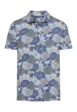 Polo à manches courtes avec motif floral bleu, gris et beige, patte de boutonnage à trois boutons et col plié.