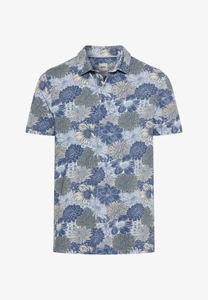 Kurzärmliges Poloshirt mit blauem, grauem und beigem Blumenmuster, Drei-Knopf-Leiste und umgelegtem Kragen.