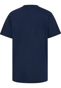 Dunkelblaues Baumwoll-T-Shirt mit kurzen Ärmeln, Rundhalsausschnitt und glatter Textur. Keine sichtbaren Logos oder Muster auf der Rückseite.