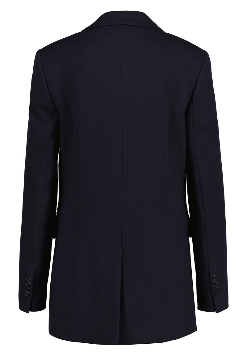 Navyblauer Blazer mit glatter Textur, einem einzelnen Rückenschlitz, Reverskragen und Detail mit vier Knöpfen an den Ärmelabschlüssen. Maßgeschneiderte Passform, klassisches Design.