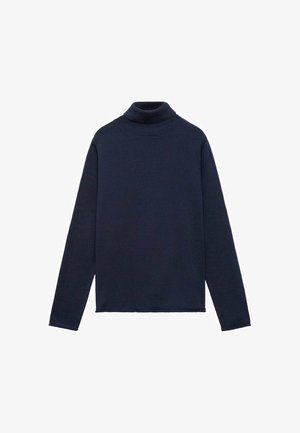 Pull marin à col roulé en tissu côtelé, avec des manches longues et une silhouette ajustée, offrant une texture douce et sans motifs visibles.