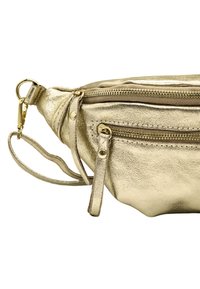 Ceinture en or métallisé avec cuir texturé, poches à double zip, sangle ajustable et accents de matériel doré. Design compact et élégant.