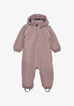 Licht mauve kinderoverall met capuchon, elastische manchetten en witte ritsaccenten; gemaakt van glad, waterbestendig materiaal.