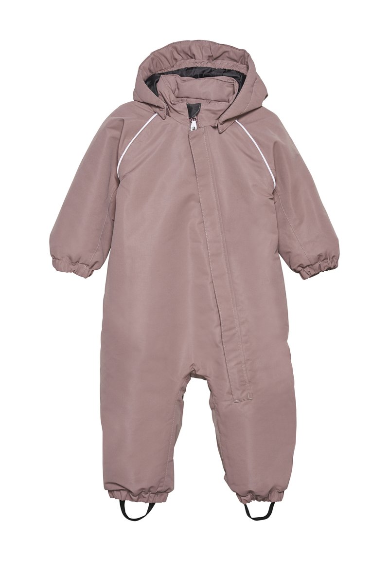 Ljus lila barnoverall med huva, elastiska ärmslut och vita dragkedjedetaljer; tillverkad av mjuk, vattenavvisande tyg.