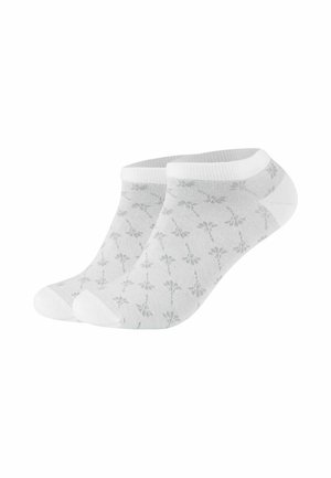 Calzini bianchi alla caviglia con motivo floreale grigio chiaro, texture liscia e polsini bianchi a contrasto. Progettati per comfort e vestibilità.