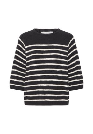 Schwarz-weißer gestreifter Strickpullover mit Rundhalsausschnitt und drei Viertelärmeln, der ein strukturiertes Muster und eine lässige Passform aufweist.