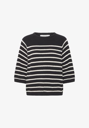 Schwarz-weißer gestreifter Strickpullover mit Rundhalsausschnitt und drei Viertelärmeln, der ein strukturiertes Muster und eine lässige Passform aufweist.