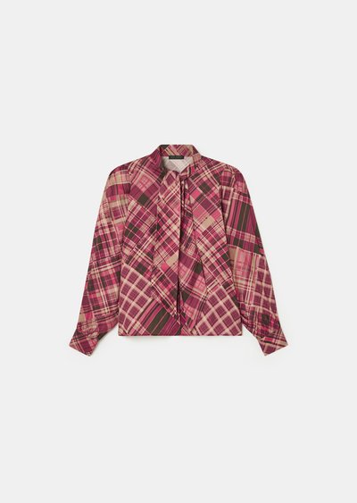 Lange mouwen blouse met een multicolor ruitpatroon in roze, beige en groen. Lichtgewicht stof, kraag en details met een strik aan de voorkant.