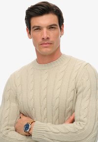 Maglione a trecce di colore beige chiaro con scollo tondo; texture liscia e polsini a costine. Indossa un orologio blu con cinturino chiaro.