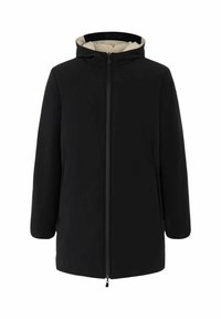 Cappotto invernale nero con cappuccio, fodera interna beige, zip frontale e maniche lunghe.