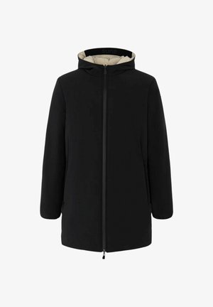 Cappotto invernale nero con cappuccio, fodera interna beige, zip frontale e maniche lunghe.