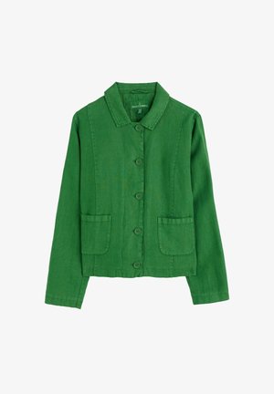 Grüne Leinenjacke mit Kragen, vorderem Knopfverschluss, zwei vorderen Taschen und langen Ärmeln. Einfache Stickdetails sichtbar.