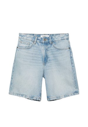Jasnoniebieskie szorty dżinsowe z przednimi kieszeniami, szlufkami na pasek, zapięciem na guziki oraz surowym wykończeniem na krawędziach.
