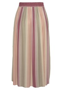 Gonna midi plissettata con vita elasticizzata, realizzata in tessuto leggero, con strisce pastello alternate in rosa, beige e lavanda.