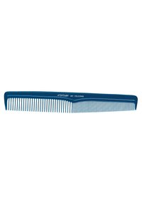 Blauwe plastic kam met fijne en brede tanden, langwerpige vorm, gladde textuur en voorzien van het merk "Comair 401 CELCON."