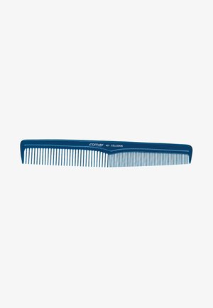 Blue plastic comb with fine and wide teeth, elongated shape, smooth texture, and branded with "Comair 401 CELCON."