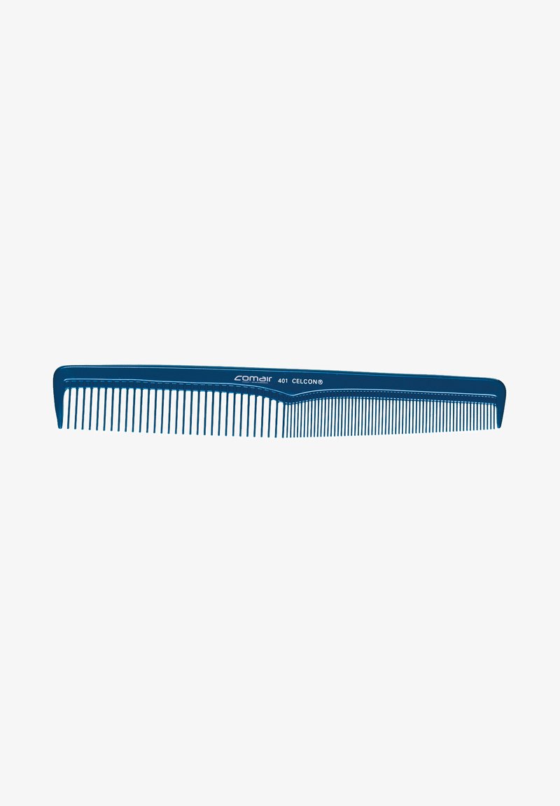 Blauwe plastic kam met fijne en brede tanden, langwerpige vorm, gladde textuur en voorzien van het merk "Comair 401 CELCON."