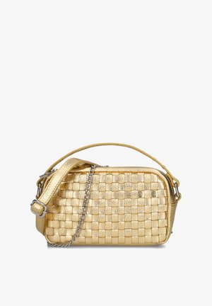 Woven gold metallic bag with a rectangular shape, featuring a detachable strap and chain accent. Smooth texture with grid pattern.