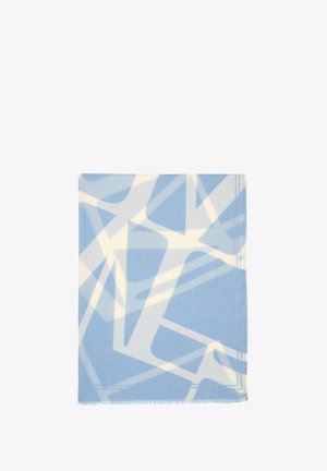 Écharpe bleu clair avec un motif géométrique blanc abstrait, confectionnée en tissu doux avec des bords à franges, de forme carrée. Texture fine et légère.
