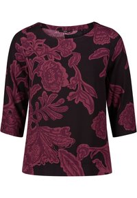 Top borgogna con motivo floreale, maniche a 3/4, realizzato in morbido tessuto, con scollatura rotonda e un design intricati su sfondo nero.