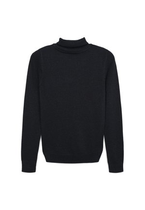 Pull à col roulé noir en tissu doux, avec des manches longues et une coupe ajustée, doté d'un col et de poignets côtelés.