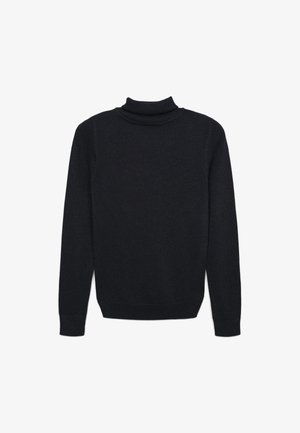 Schwarzer Rollkragenpullover aus weichem Stoff, mit langen Ärmeln und einer taillierten Passform, ausgestattet mit einem gerippten Kragen und Bündchen.