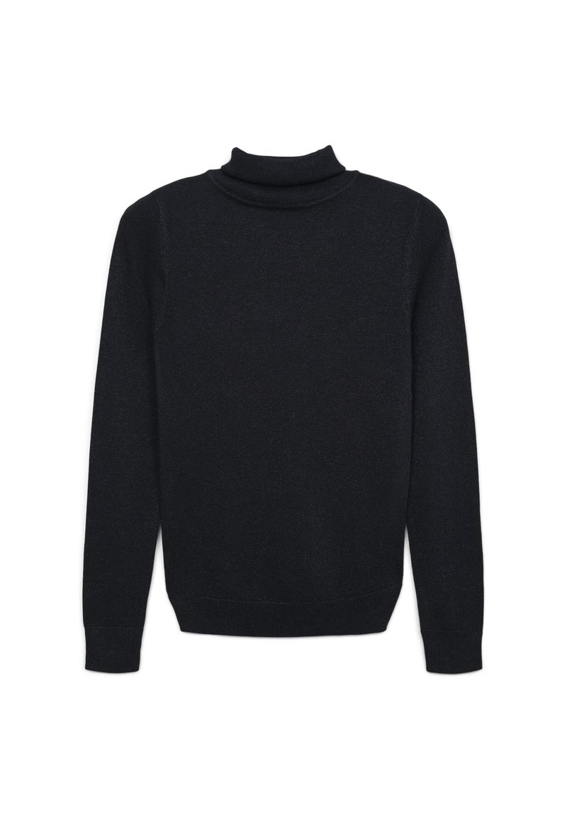 Schwarzer Rollkragenpullover aus weichem Stoff, mit langen Ärmeln und einer taillierten Passform, ausgestattet mit einem gerippten Kragen und Bündchen.