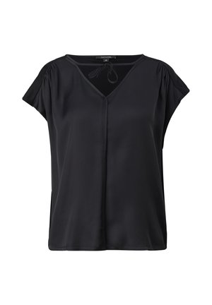 Black satin short-sleeve blouse with V-neck, back tie detail, and slightly gathered shoulders, size 36.