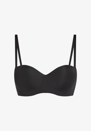 Sujetador negro sin tirantes con relleno, copas lisas y tirantes finos despegables, diseñado para un uso cómodo y soporte continuo.