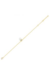 Bracciale in catena d'oro con una piccola perla bianca come accent; i collegamenti sono circolari con una texture delicata ed uniforme lungo tutta la catena.