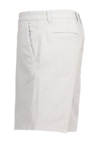 Light beige cotton shorts with a flat front, side pockets, and a single back pocket. Features stitched detailing along seams.
