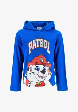 Blue long-sleeve hoodie in cotton fabric featuring a large graphic of a smiling dog in a firefighter hat, with 'PAW PATROL' text above.