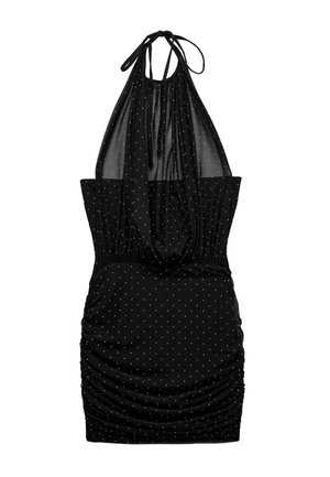 Sort halterneck mini kjole med gennemsigtigt stof med polkaprikker og rynkede detaljer på skørtet.
