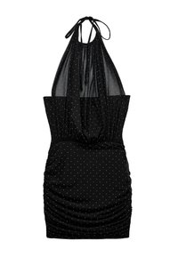 Robe halter noire en matériau extensible, avec des motifs à pois argentés, un corsage froncé et une jupe plissée.