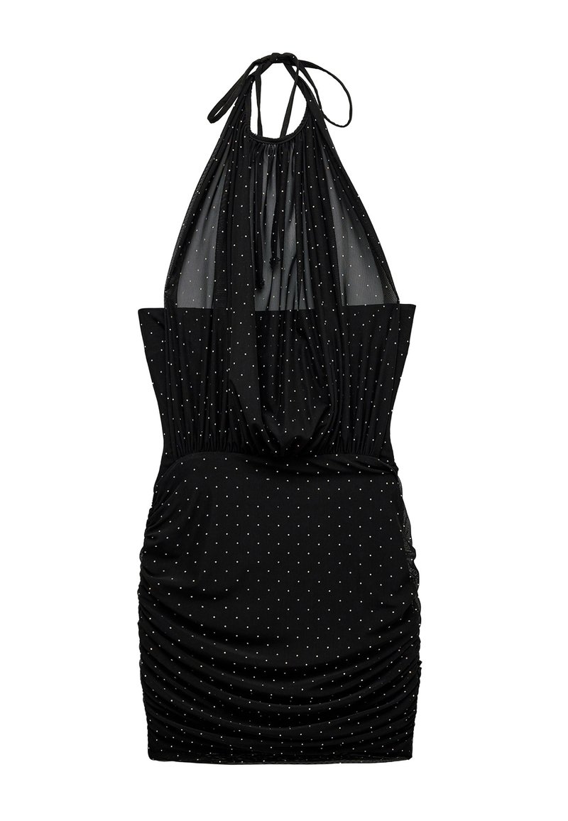 Robe halter noire en matériau extensible, avec des motifs à pois argentés, un corsage froncé et une jupe plissée.