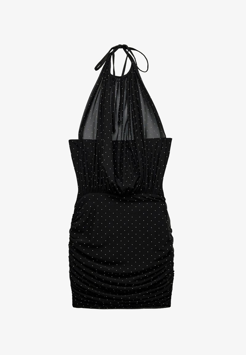 Robe halter noire en matériau extensible, avec des motifs à pois argentés, un corsage froncé et une jupe plissée.