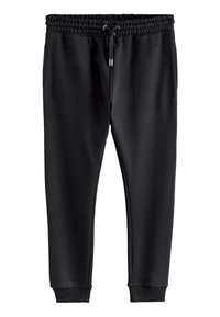 Zwarte trainingsbroek van zacht materiaal, voorzien van een elastische tailleband met trekkoord en geribbelde boorden bij de enkels.