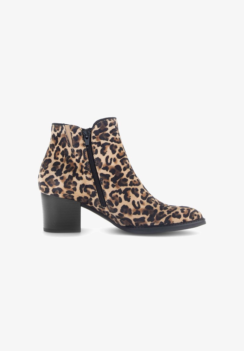 Bottes de cheville à imprimé léopard avec fermeture éclair latérale, bout rond et talon carré. Fabriquées en tissu doux avec une finition lisse et texturée.