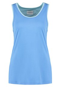 Ljusblå linne i mjukt tyg, med rundad halsringning och kontrasterande mintgrön kant längs kanterna.