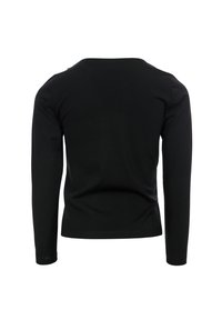 Zwarte lange mouwen fitted shirt met een ronde halslijn, gezien vanaf de achterkant op een witte achtergrond.