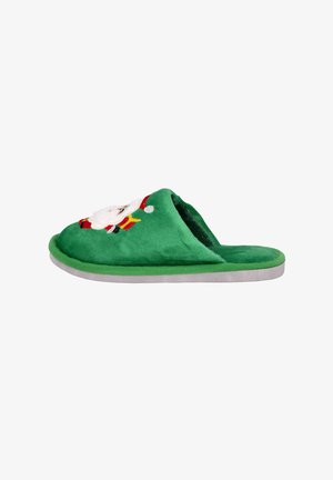 Zapatilla de fieltro verde con un diseño de Papá Noel bordado, textura suave, parte trasera abierta y suela de color gris claro.
