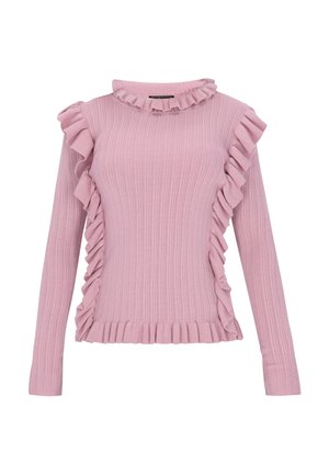 Růžový pletený svetr s ribbovanou strukturou, volánkovým límcem a volánkovými detaily po stranách a na spodním lemu. Dlouhé rukávy s přiléhavými manžetami.