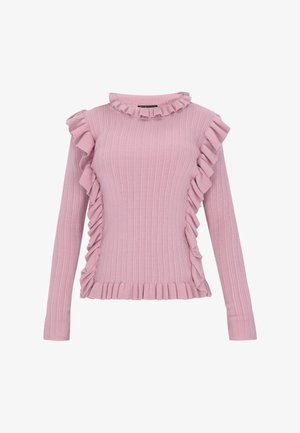 Růžový pletený svetr s ribbovanou strukturou, volánkovým límcem a volánkovými detaily po stranách a na spodním lemu. Dlouhé rukávy s přiléhavými manžetami.