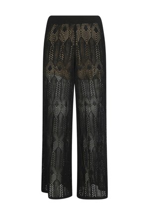 Pantaloni neri a gamba larga con motivo intricato di pizzo all'uncinetto geometrico e fascia elastica in vita, tessuto semitrasparente.