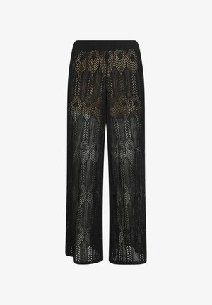 Pantaloni neri a gamba larga con motivo intricato di pizzo all'uncinetto geometrico e fascia elastica in vita, tessuto semitrasparente.