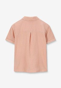 Korte mouwen shirt in licht perzik met witte verticale strepen, met een klassieke kraag en een plissee-detail aan de achterkant.