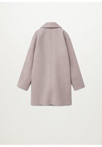 Płaszcz z mieszanki wełny w jasnoszarym kolorze, o kroju dopasowanym, z kołnierzem z klapami, opuszczanymi ramionami, długimi rękawami i lekko rozkloszowanym fasonem.